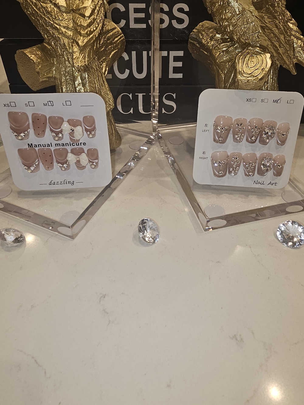 Nude Press-On Nails with Silver Glitter Accents - Elegant Ready-To-Wear Set